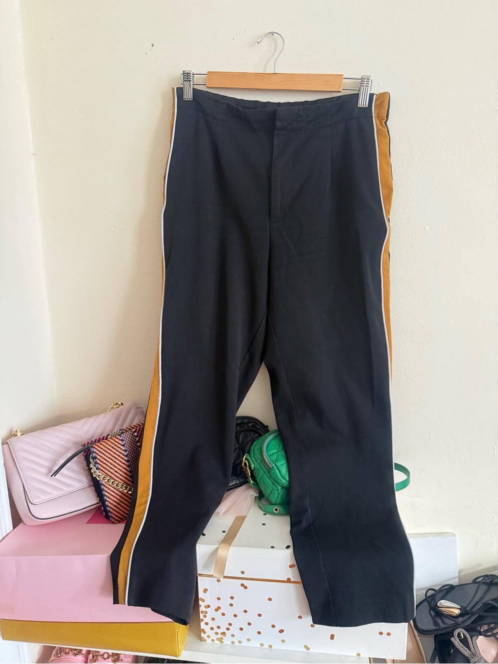 Women Black Track-Style Pants with Gold Side Stripe